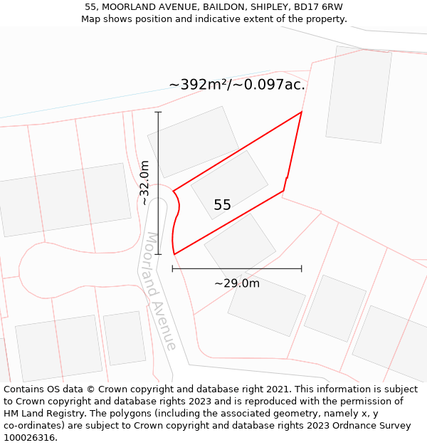 55, MOORLAND AVENUE, BAILDON, SHIPLEY, BD17 6RW: Plot and title map