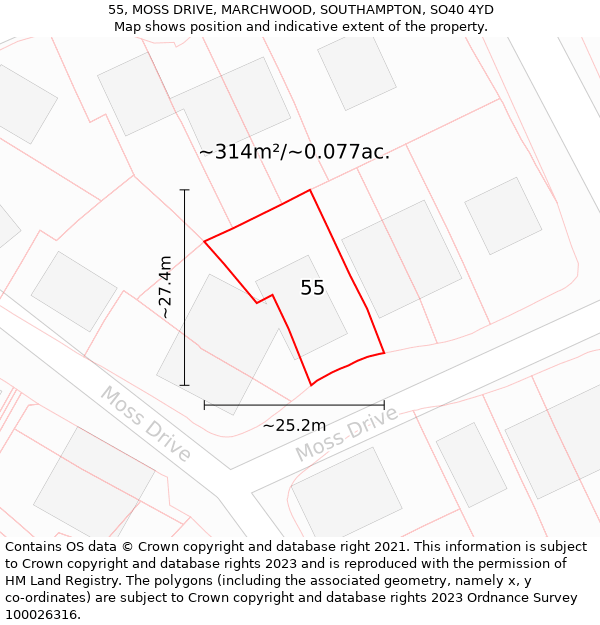 55, MOSS DRIVE, MARCHWOOD, SOUTHAMPTON, SO40 4YD: Plot and title map