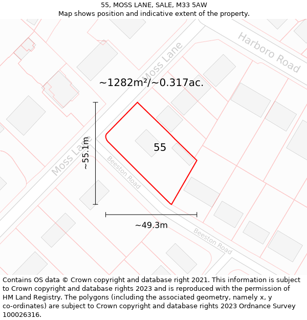 55, MOSS LANE, SALE, M33 5AW: Plot and title map