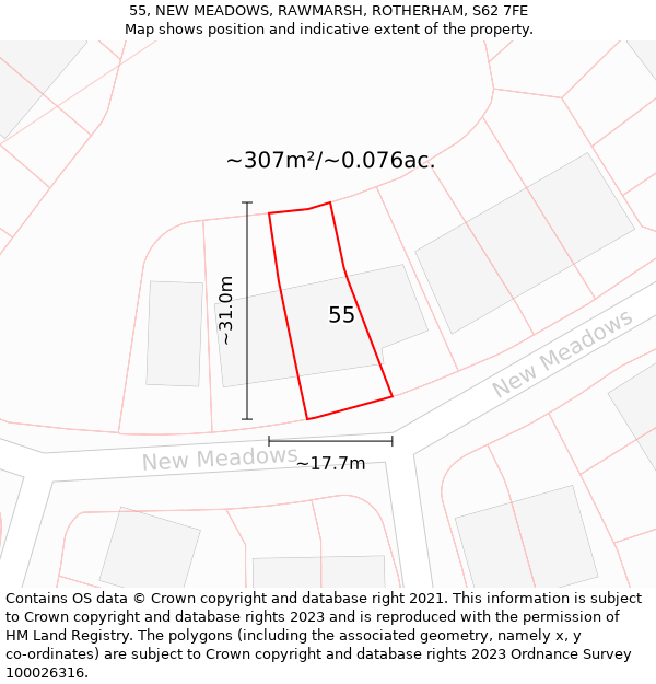 55, NEW MEADOWS, RAWMARSH, ROTHERHAM, S62 7FE: Plot and title map