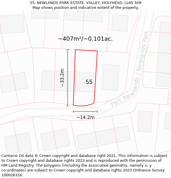 55, NEWLANDS PARK ESTATE, VALLEY, HOLYHEAD, LL65 3AR: Plot and title map