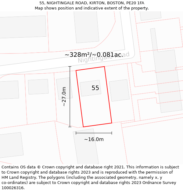 55, NIGHTINGALE ROAD, KIRTON, BOSTON, PE20 1FA: Plot and title map