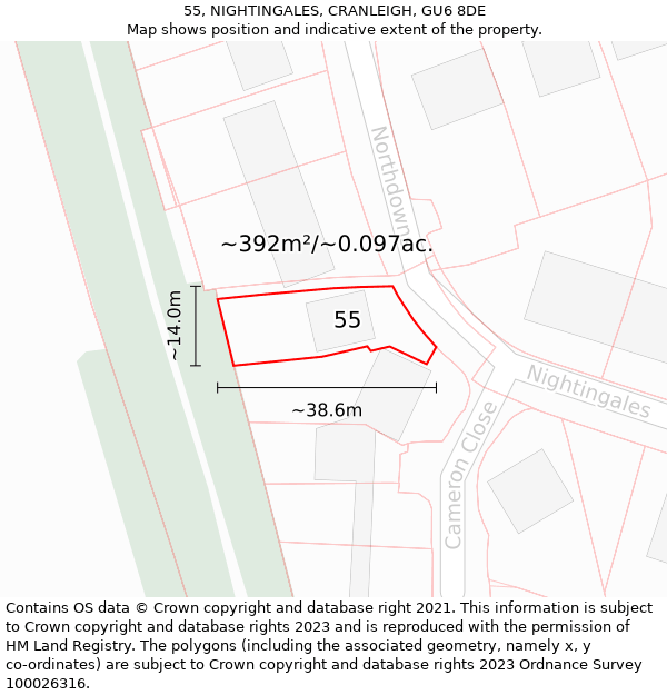 55, NIGHTINGALES, CRANLEIGH, GU6 8DE: Plot and title map