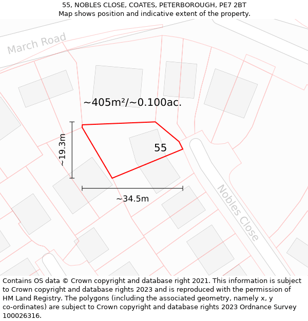 55, NOBLES CLOSE, COATES, PETERBOROUGH, PE7 2BT: Plot and title map