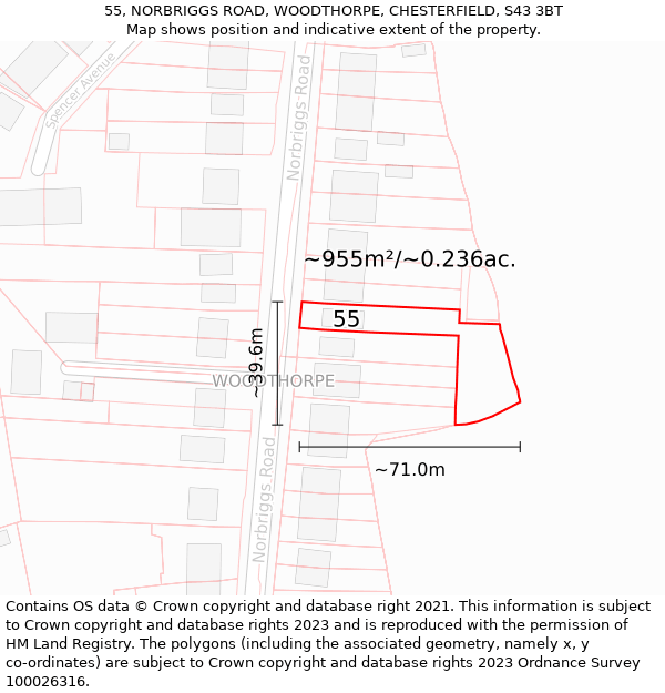 55, NORBRIGGS ROAD, WOODTHORPE, CHESTERFIELD, S43 3BT: Plot and title map