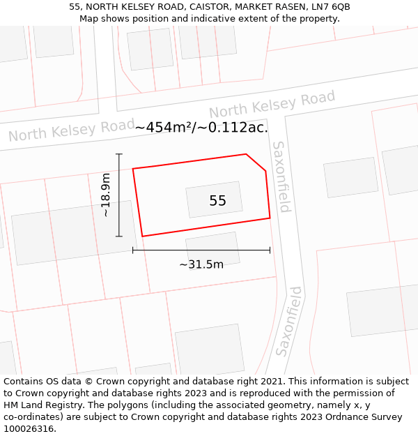 55, NORTH KELSEY ROAD, CAISTOR, MARKET RASEN, LN7 6QB: Plot and title map