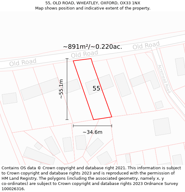 55, OLD ROAD, WHEATLEY, OXFORD, OX33 1NX: Plot and title map