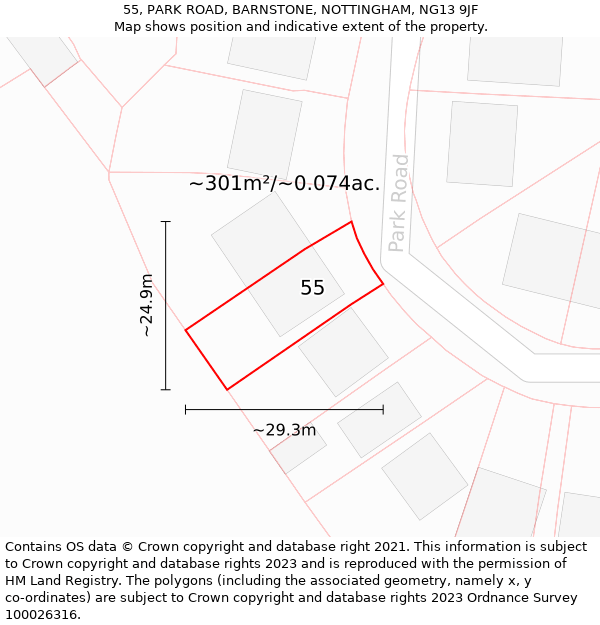 55, PARK ROAD, BARNSTONE, NOTTINGHAM, NG13 9JF: Plot and title map