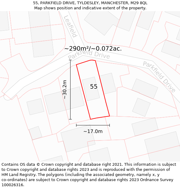 55, PARKFIELD DRIVE, TYLDESLEY, MANCHESTER, M29 8QL: Plot and title map