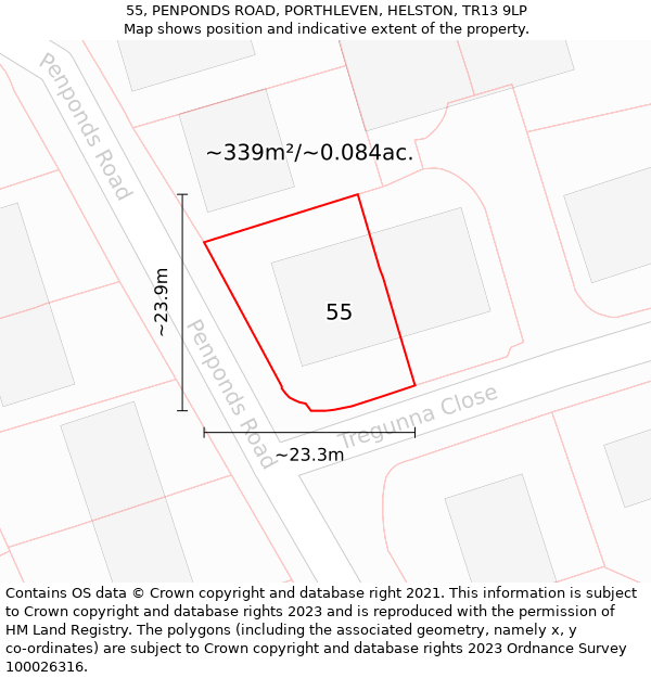 55, PENPONDS ROAD, PORTHLEVEN, HELSTON, TR13 9LP: Plot and title map