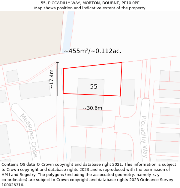 55, PICCADILLY WAY, MORTON, BOURNE, PE10 0PE: Plot and title map