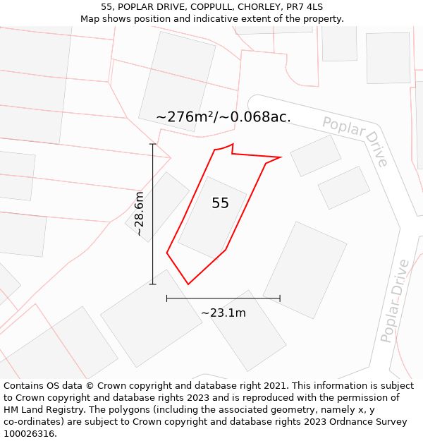 55, POPLAR DRIVE, COPPULL, CHORLEY, PR7 4LS: Plot and title map