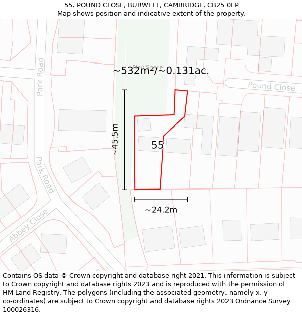 55, POUND CLOSE, BURWELL, CAMBRIDGE, CB25 0EP: Plot and title map