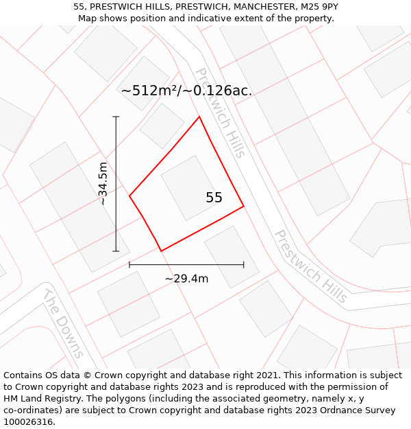 55, PRESTWICH HILLS, PRESTWICH, MANCHESTER, M25 9PY: Plot and title map