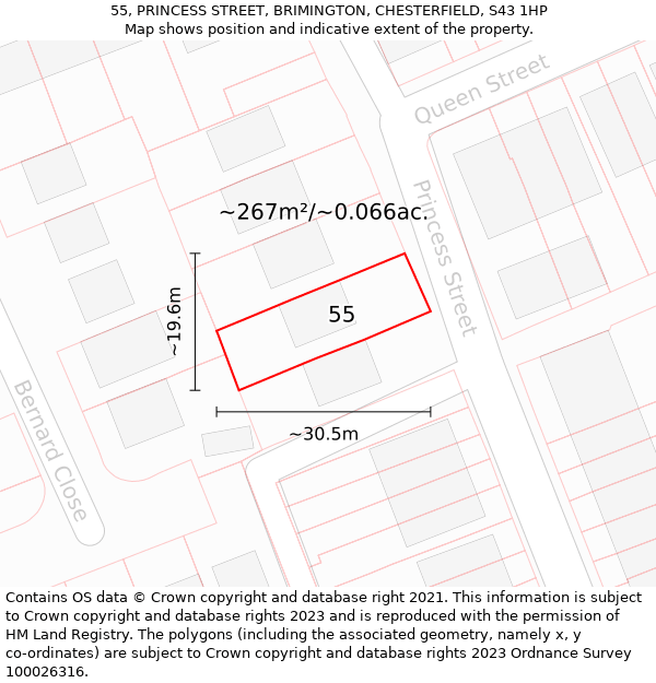 55, PRINCESS STREET, BRIMINGTON, CHESTERFIELD, S43 1HP: Plot and title map