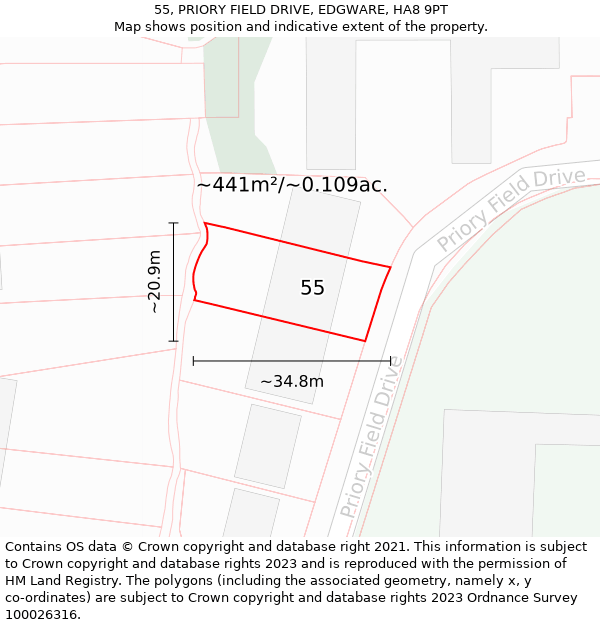 55, PRIORY FIELD DRIVE, EDGWARE, HA8 9PT: Plot and title map