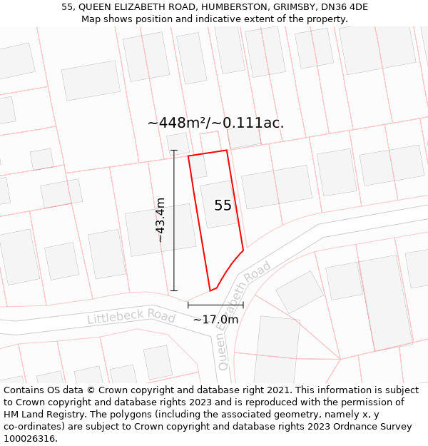 55, QUEEN ELIZABETH ROAD, HUMBERSTON, GRIMSBY, DN36 4DE: Plot and title map