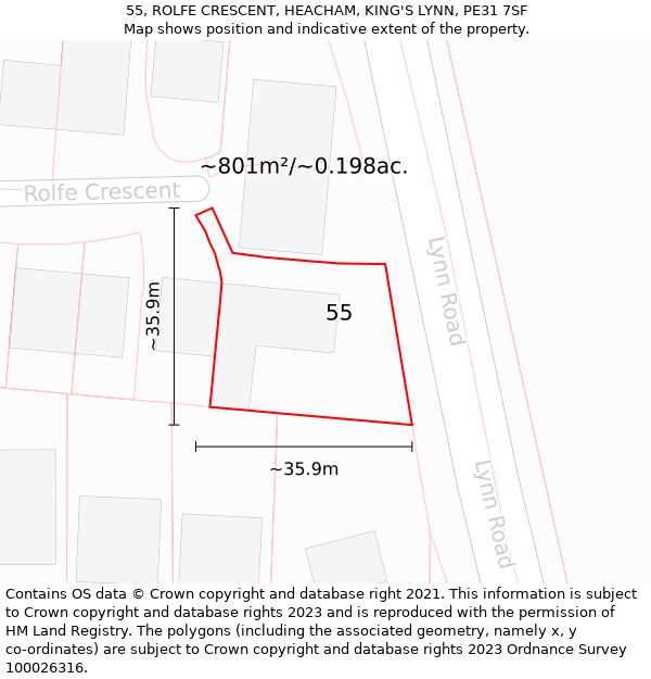 55, ROLFE CRESCENT, HEACHAM, KING'S LYNN, PE31 7SF: Plot and title map