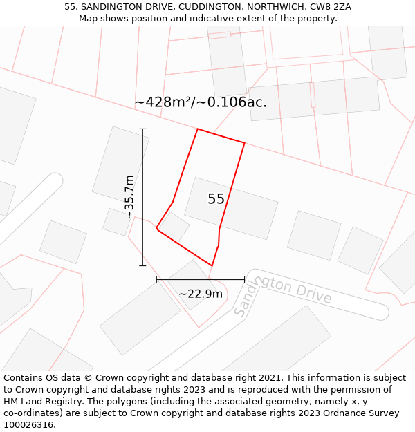 55, SANDINGTON DRIVE, CUDDINGTON, NORTHWICH, CW8 2ZA: Plot and title map