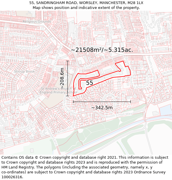 55, SANDRINGHAM ROAD, WORSLEY, MANCHESTER, M28 1LX: Plot and title map