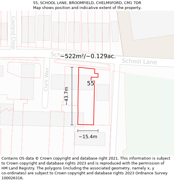 55, SCHOOL LANE, BROOMFIELD, CHELMSFORD, CM1 7DR: Plot and title map