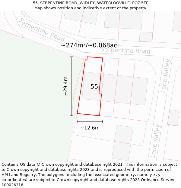 55, SERPENTINE ROAD, WIDLEY, WATERLOOVILLE, PO7 5EE: Plot and title map