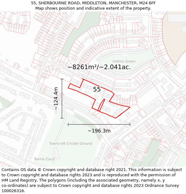 55, SHERBOURNE ROAD, MIDDLETON, MANCHESTER, M24 6FF: Plot and title map