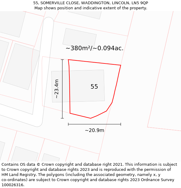 55, SOMERVILLE CLOSE, WADDINGTON, LINCOLN, LN5 9QP: Plot and title map