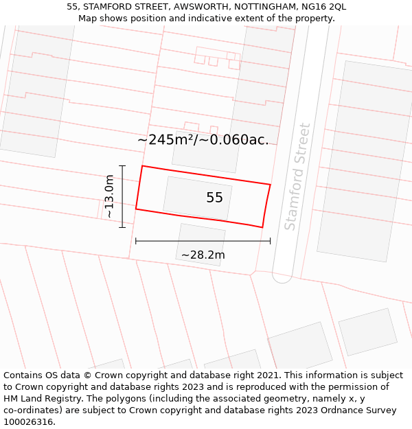 55, STAMFORD STREET, AWSWORTH, NOTTINGHAM, NG16 2QL: Plot and title map