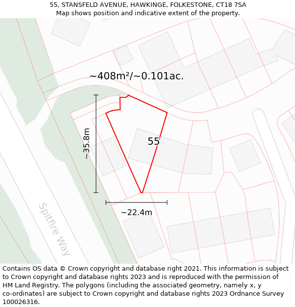 55, STANSFELD AVENUE, HAWKINGE, FOLKESTONE, CT18 7SA: Plot and title map