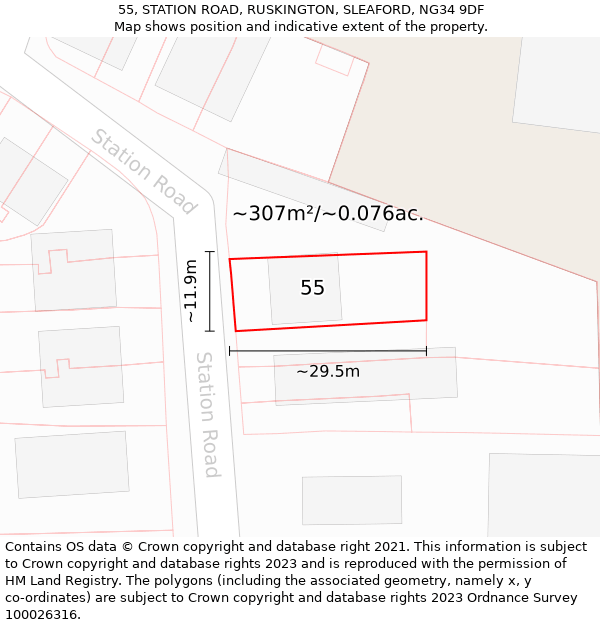 55, STATION ROAD, RUSKINGTON, SLEAFORD, NG34 9DF: Plot and title map