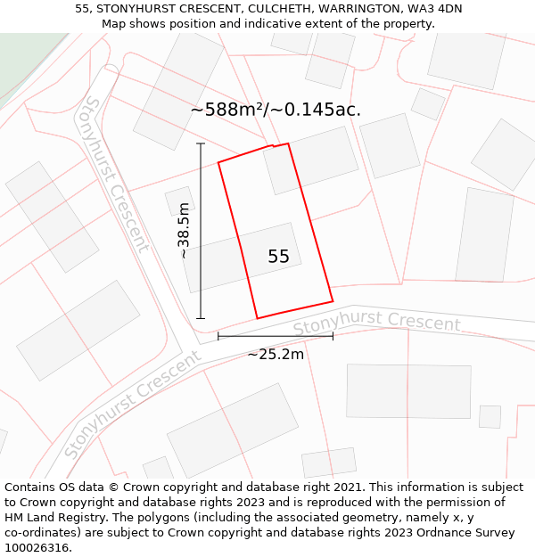 55, STONYHURST CRESCENT, CULCHETH, WARRINGTON, WA3 4DN: Plot and title map