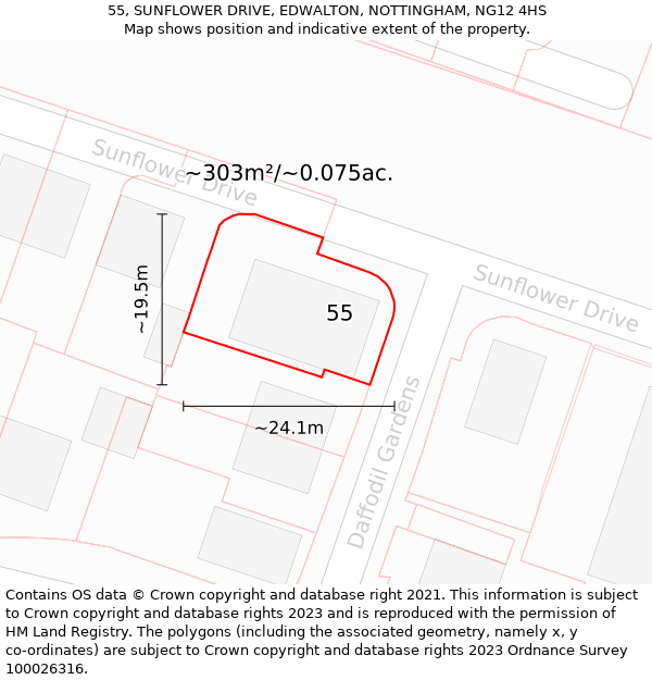 55, SUNFLOWER DRIVE, EDWALTON, NOTTINGHAM, NG12 4HS: Plot and title map