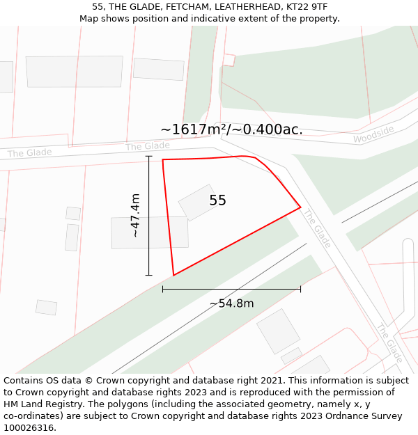 55, THE GLADE, FETCHAM, LEATHERHEAD, KT22 9TF: Plot and title map