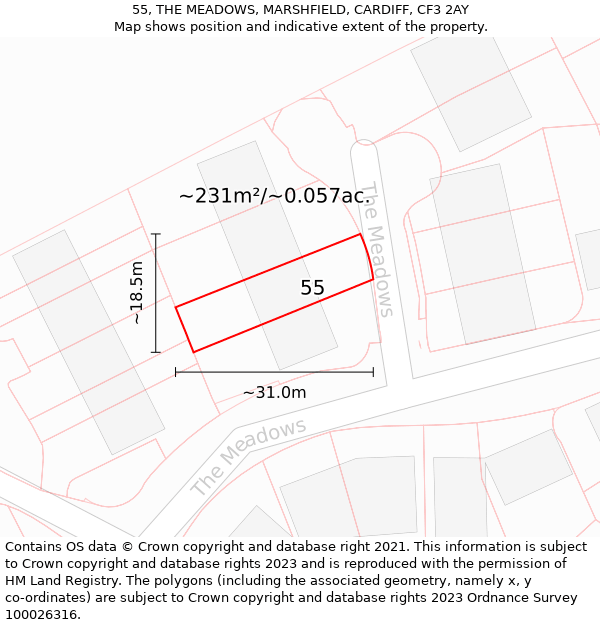 55, THE MEADOWS, MARSHFIELD, CARDIFF, CF3 2AY: Plot and title map