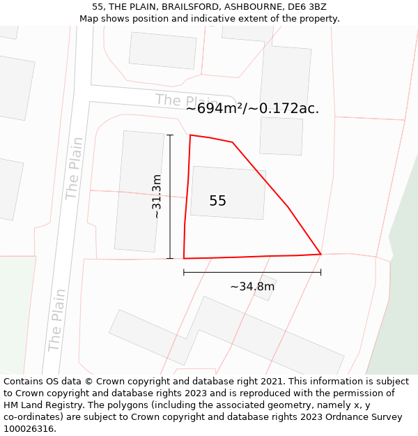 55, THE PLAIN, BRAILSFORD, ASHBOURNE, DE6 3BZ: Plot and title map