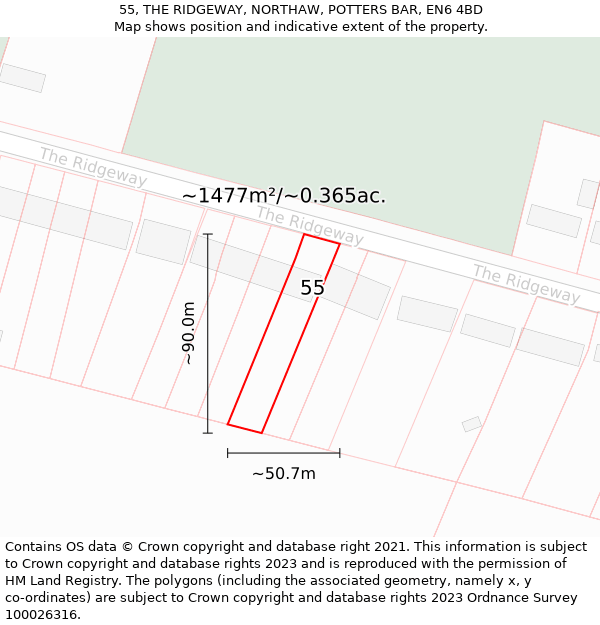 55, THE RIDGEWAY, NORTHAW, POTTERS BAR, EN6 4BD: Plot and title map