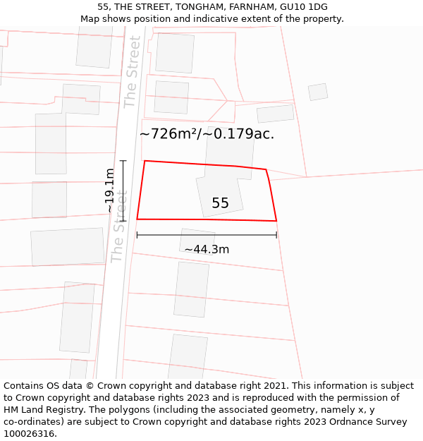 55, THE STREET, TONGHAM, FARNHAM, GU10 1DG: Plot and title map