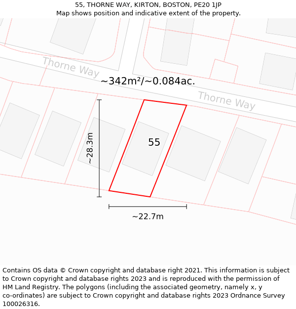 55, THORNE WAY, KIRTON, BOSTON, PE20 1JP: Plot and title map