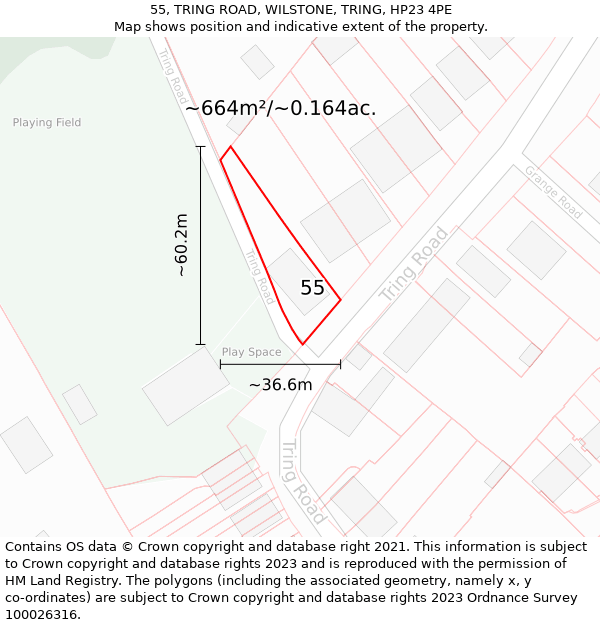 55, TRING ROAD, WILSTONE, TRING, HP23 4PE: Plot and title map