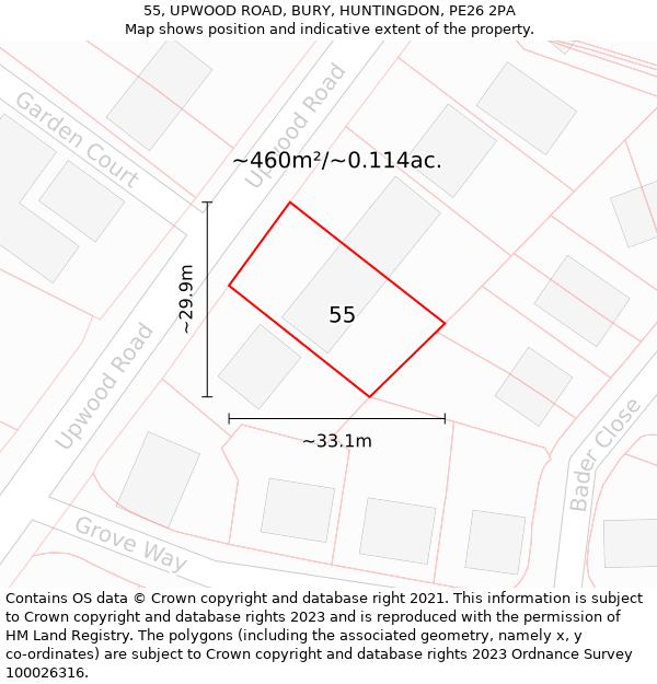 55, UPWOOD ROAD, BURY, HUNTINGDON, PE26 2PA: Plot and title map