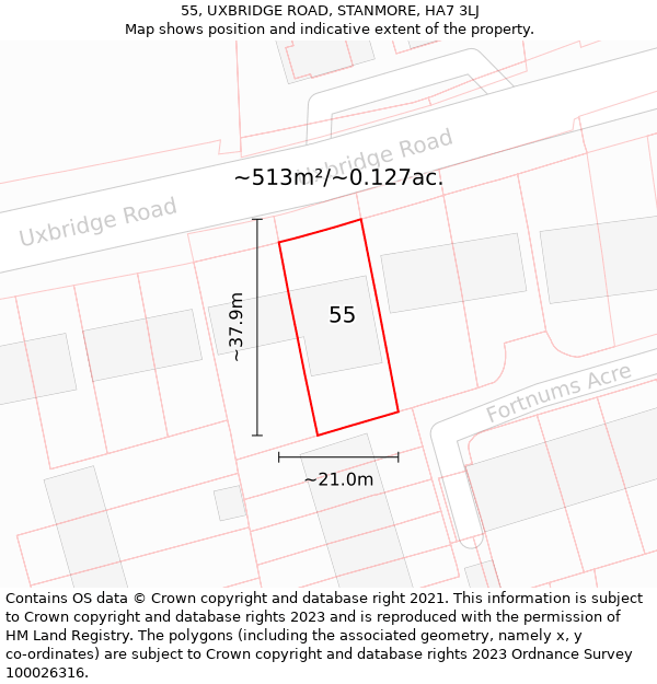 55, UXBRIDGE ROAD, STANMORE, HA7 3LJ: Plot and title map