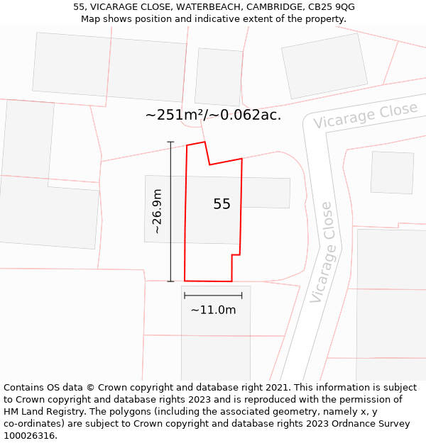 55, VICARAGE CLOSE, WATERBEACH, CAMBRIDGE, CB25 9QG: Plot and title map