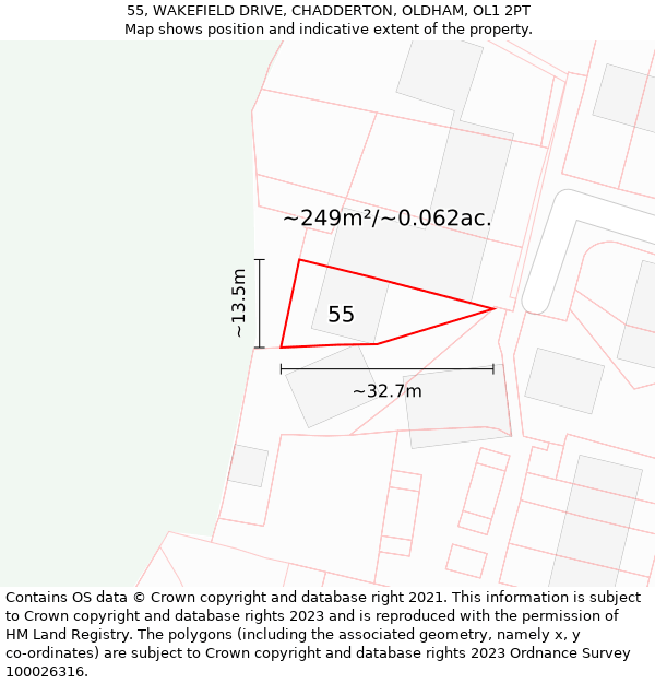 55, WAKEFIELD DRIVE, CHADDERTON, OLDHAM, OL1 2PT: Plot and title map