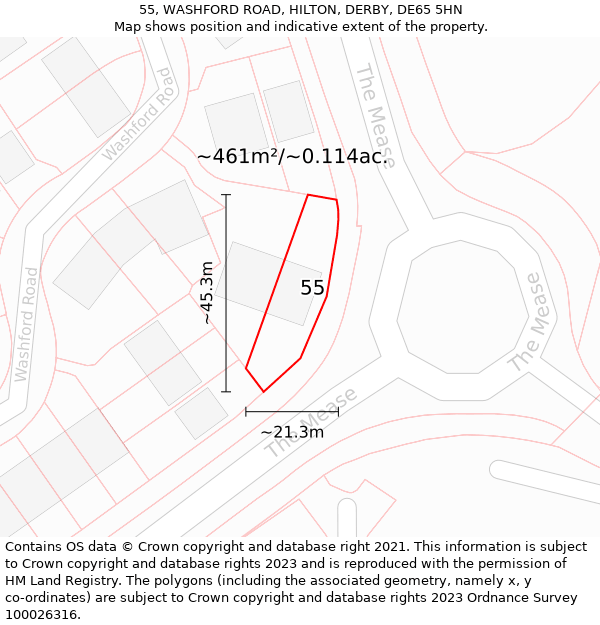 55, WASHFORD ROAD, HILTON, DERBY, DE65 5HN: Plot and title map