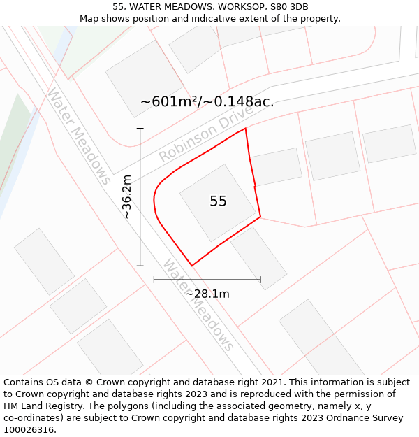 55, WATER MEADOWS, WORKSOP, S80 3DB: Plot and title map