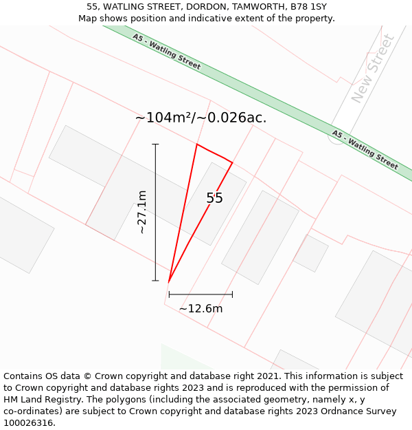 55, WATLING STREET, DORDON, TAMWORTH, B78 1SY: Plot and title map