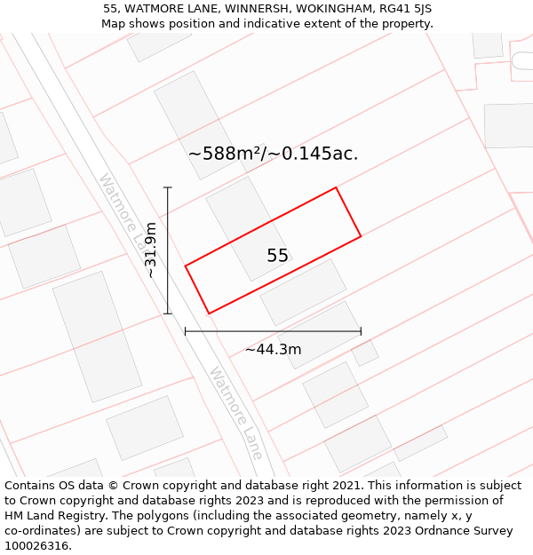 55, WATMORE LANE, WINNERSH, WOKINGHAM, RG41 5JS: Plot and title map