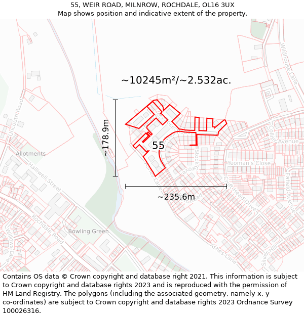 55, WEIR ROAD, MILNROW, ROCHDALE, OL16 3UX: Plot and title map