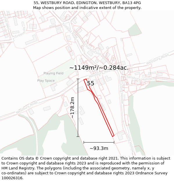 55, WESTBURY ROAD, EDINGTON, WESTBURY, BA13 4PG: Plot and title map